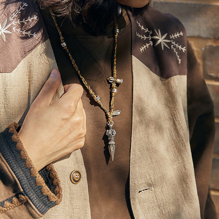 Buddha Stones Tibetan Handmade 925 Sterling Silver Dorje Vajra Om Mani Padme Hum Feather Strength Necklace Pendant - image 4