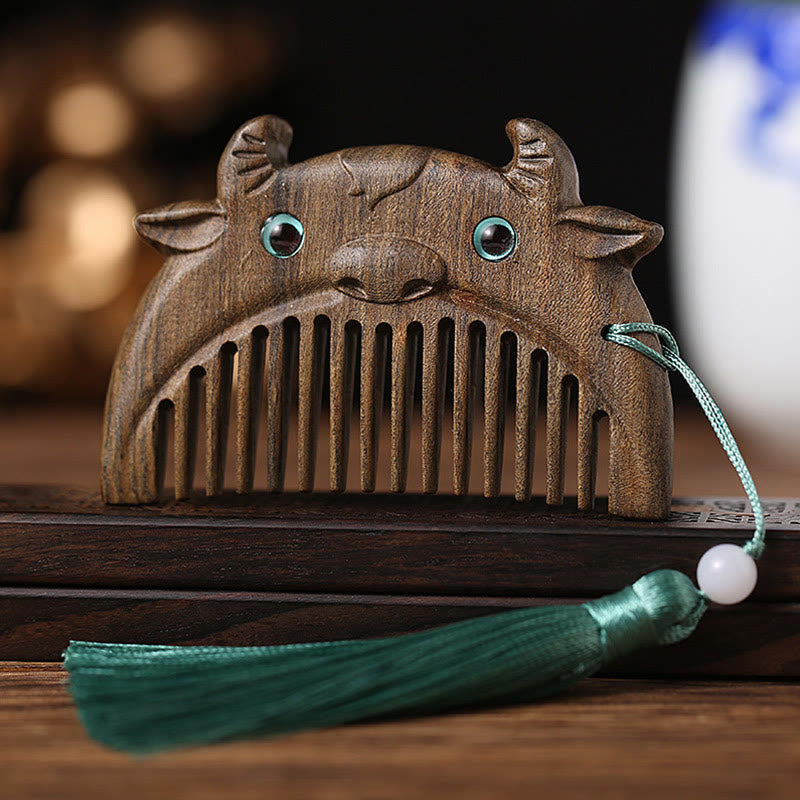 Chinese Zodiac Green Sandalwood Peace Mini Portable Comb - Chacate Preto Wood - Ox - image 6