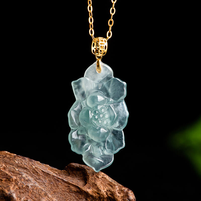 Buddha Stones Natural Jade Lotus Pattern Prosperity Titanium Steel Chain Necklace Pendant - Jade(Prosperity♥Abundance) - image 0