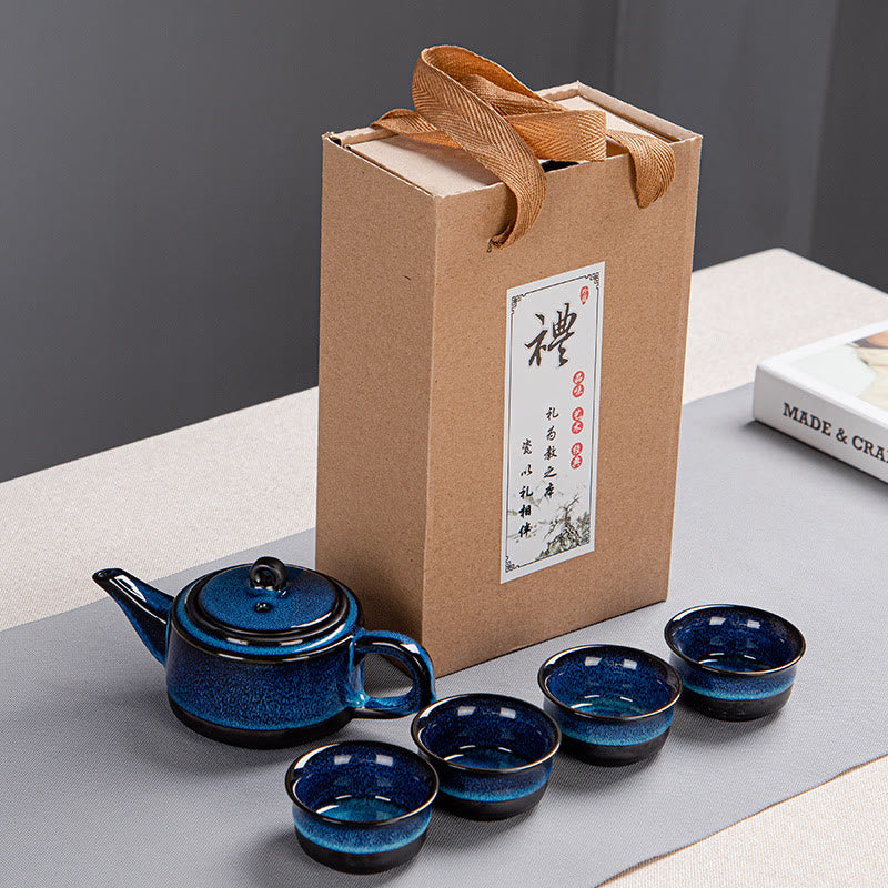 Buddha Stones Blue Gradient Color Chinese Gongfu Tea Ceramic Teapot Portable Gift Bag Box Set - 1 Teapot With 4 Cups Box - image 7
