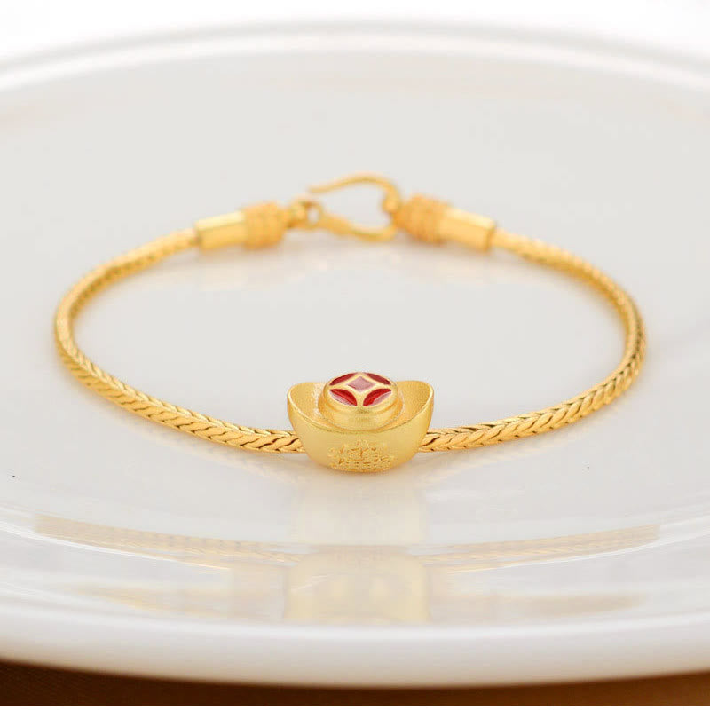 Buddha Stones Tibetan 18K Gold Om Mani Padme Hum Lucky Koi Fish Fu Character Ingot Copper Coin Peace Bracelet - Gold Ingot - image 6