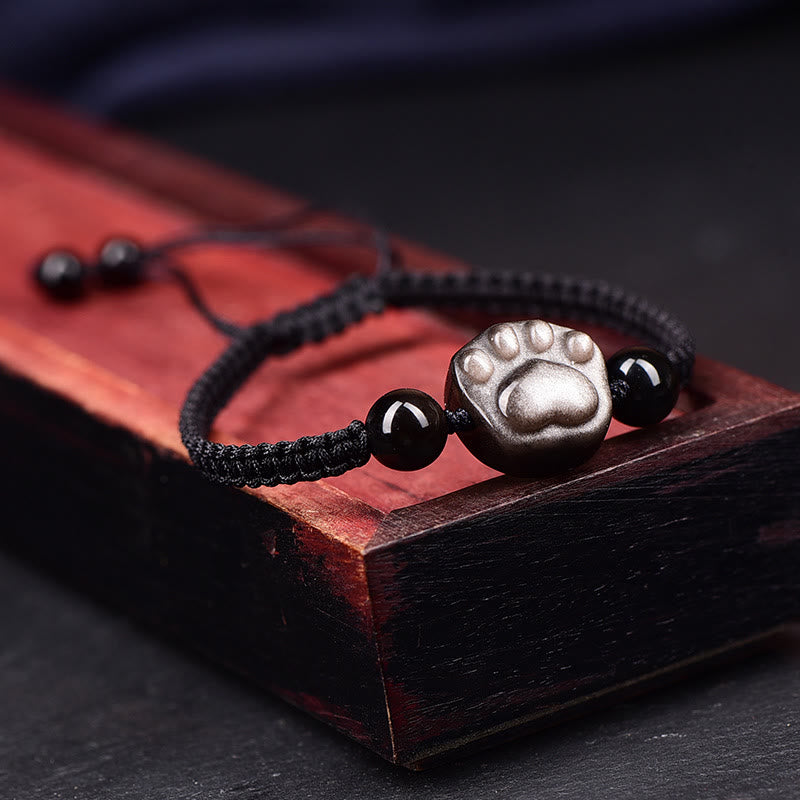 Buddha Stones Natural Silver Sheen Obsidian Gold Sheen Obsidian Cute Cat Paw Claw Protection Rope Bracelet - image 6