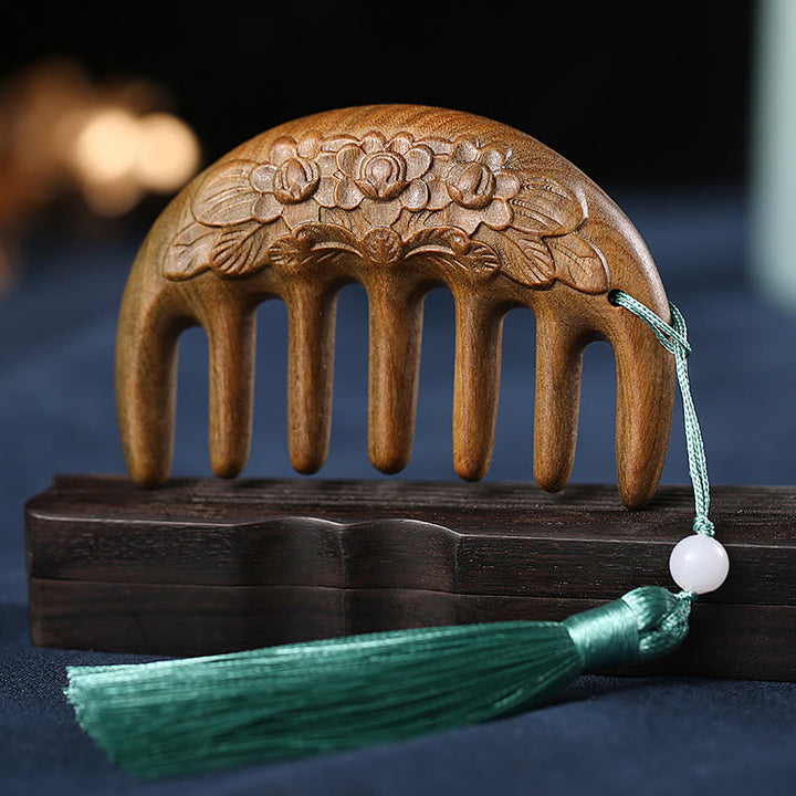 Green Sandalwood Plum Blossom Flowers Lotus Koi Fish Engraved Soothing Tassel Comb - Green Sandalwood Forget-Me-Not - image 20