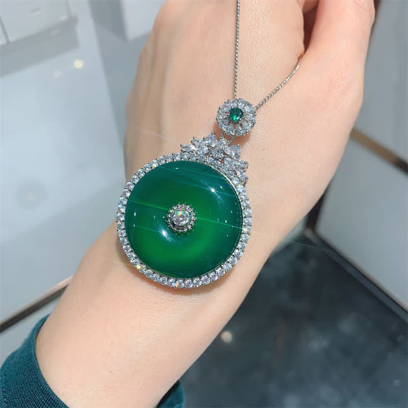 Buddha Stones Green Chalcedony Round Peace Buckle Strength Necklace Pendant - image 1