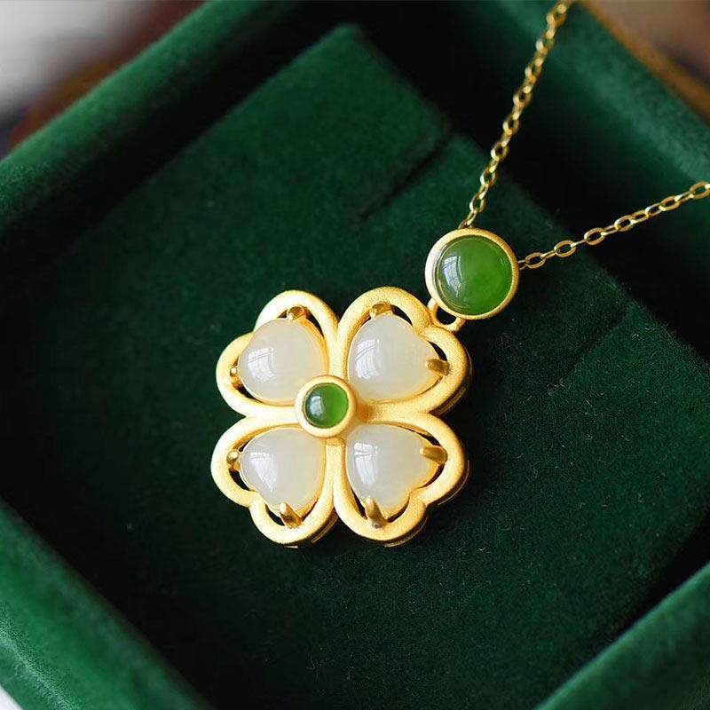 Buddha Stones 925 Sterling Silver Lucky Four Leaf Clover Jade Prosperity Necklace Chain Pendant - Jade - image 0