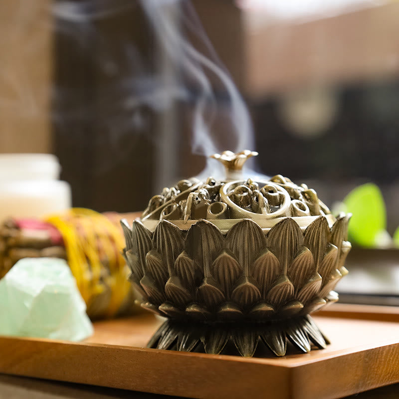 Buddha Stones Tibetan Lotus Shaped Purify Incense Burner - Bronze - image 6
