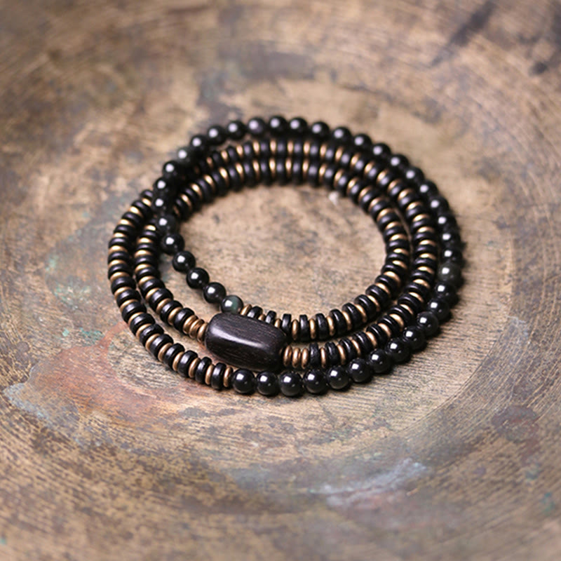 Buddha Stones Rainbow Obsidian Ebony Wood Copper Healing Triple Wrap Bracelet - image 11
