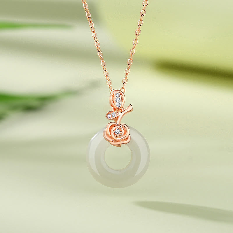 Buddha Stones 925 Sterling Silver Ginkgo Leaf Butterfly Rose Chalcedony Hetian Jade Peace Buckle Fu Character Harmony Necklace Pendant - Rose Hetian Jade - image 10