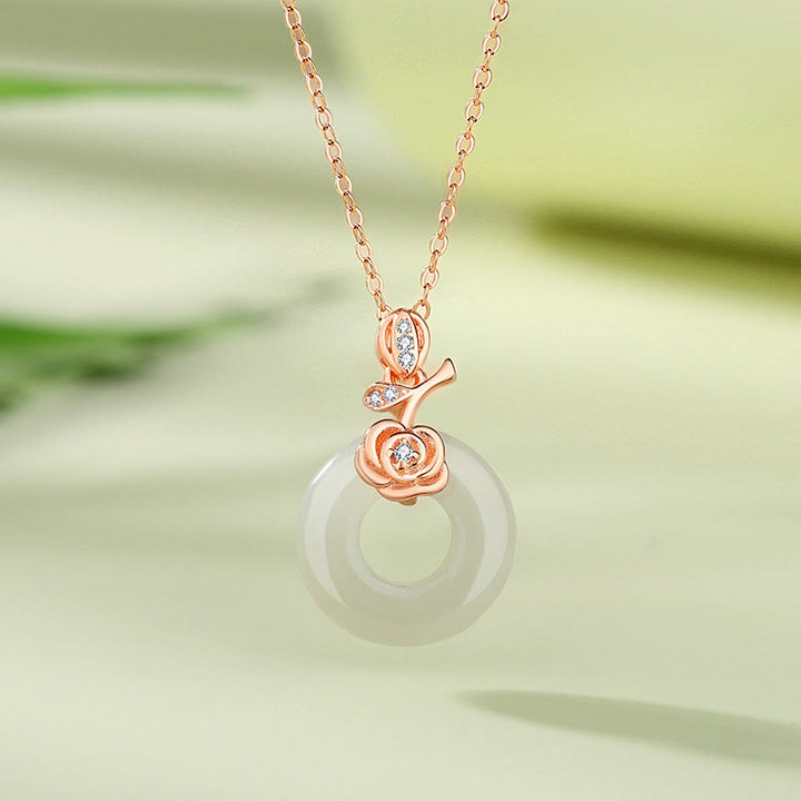 Buddha Stones 925 Sterling Silver Ginkgo Leaf Butterfly Rose Chalcedony Hetian Jade Peace Buckle Fu Character Harmony Necklace Pendant - Rose Hetian Jade - image 10