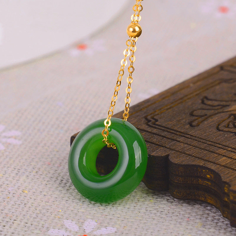 Round Cyan Jade Healing 14K Gold Necklace Pendant - image 4