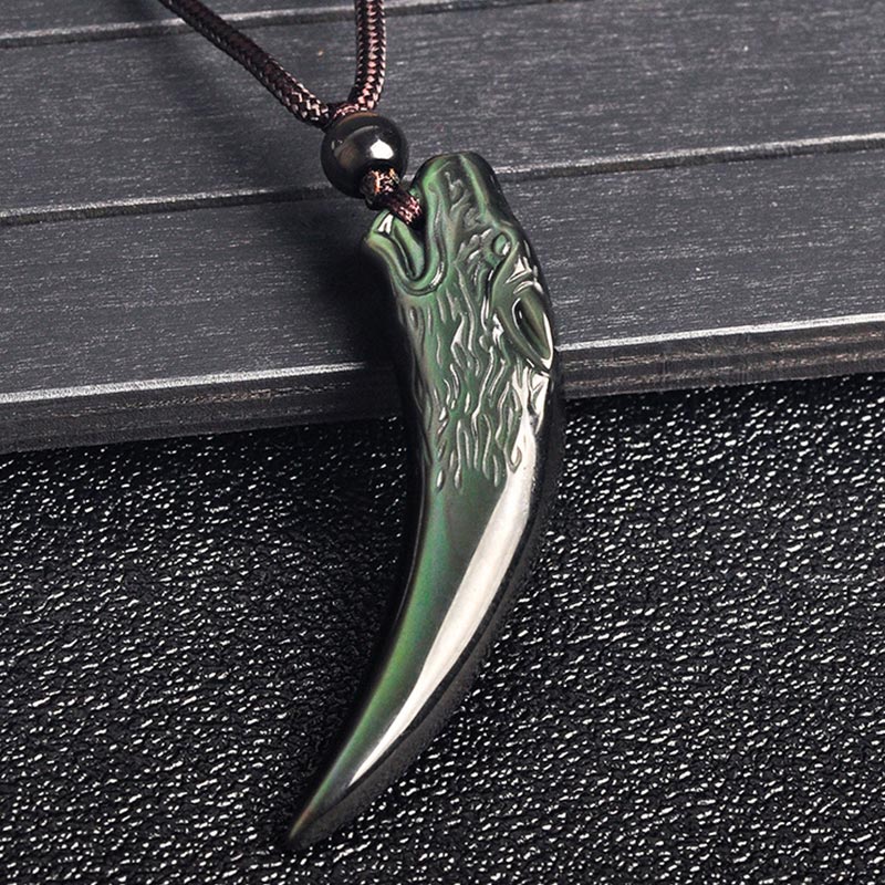 Buddha Stones Natural Black Obsidian Ice Obsidian Rainbow Obsidian Wolf Tooth Pattern Strength Necklace Pendant - image 13