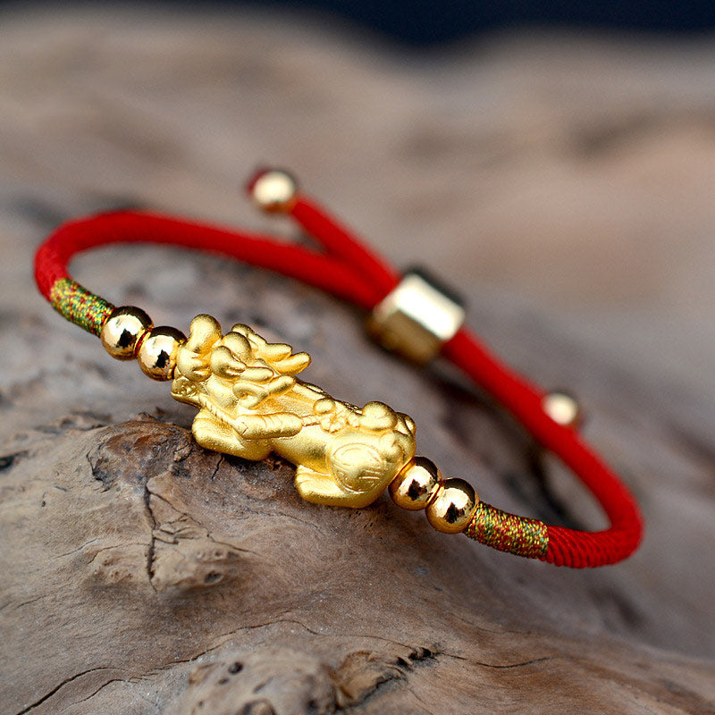 Buddha Stones 24K Gold-Plated PiXiu Luck Red String Bracelet - Red String(Gold)(Wrist Circumference 12-19cm) - image 0