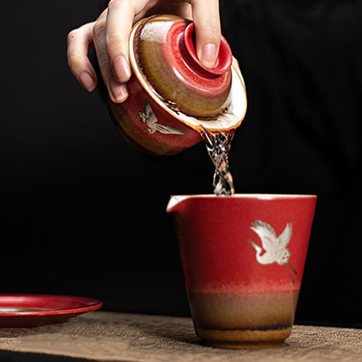 Buddha Stones Red Auspicious Crane Ceramic Gaiwan Sancai Teacup Kung Fu Tea Cup And Saucer With Lid - image 11