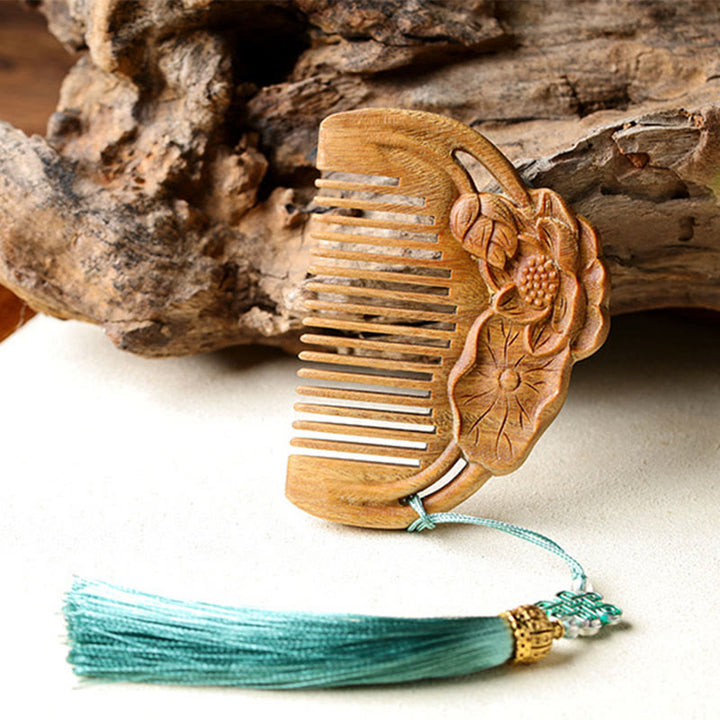 Natural Green Sandalwood Lotus Flower Leaf Engraved Soothing Comb - image 2