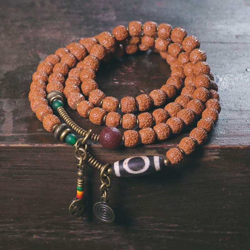 Buddha Stones 108 Mala Rudraksha Beads Bodhi Seed Dzi Bead Luck Auspiciousness Tassel Bracelet - 18cm - image 0