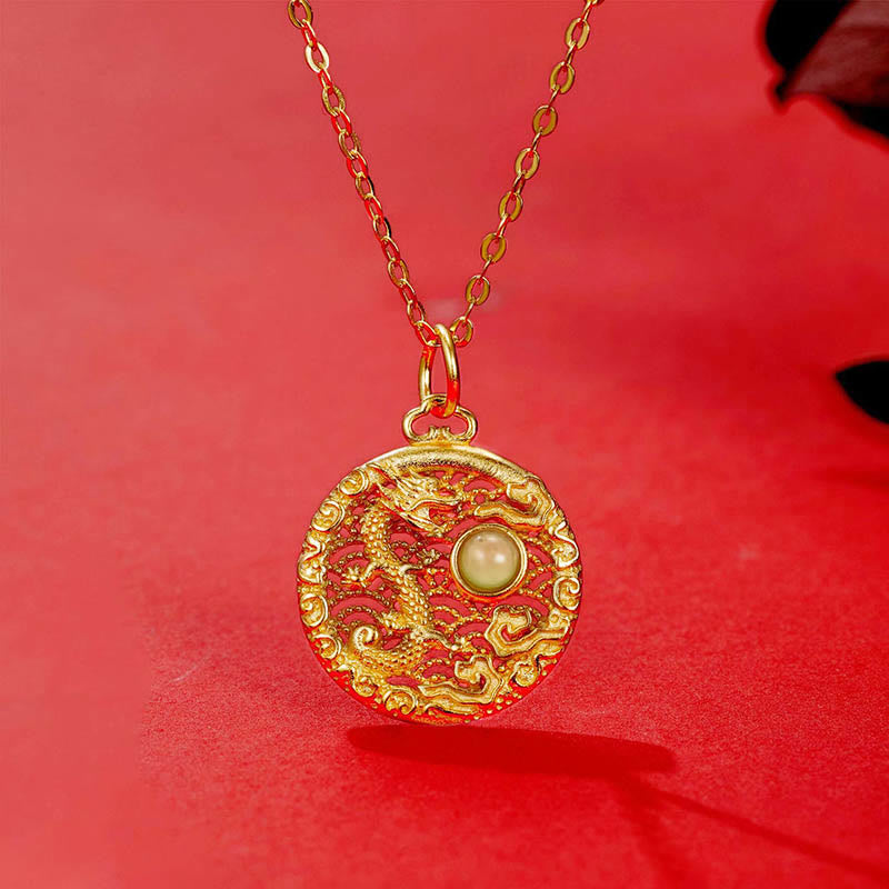 Buddha Stones 925 Sterling Silver Year Of The Dragon Auspicious Clouds Hetian Jade Inlaid Luck Necklace Pendant - Dragon(Protection♥Success) - image 0