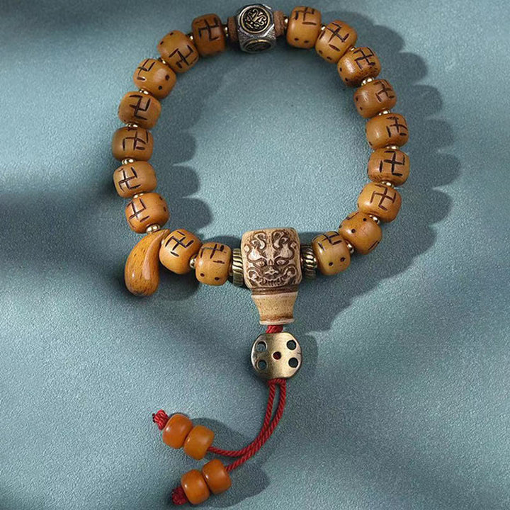 Buddha Stones Natural Tibetan Camel Bone Swastika Dzi Bead Shankha Buddha Charm Kirtimukha Luck Protection Tassel Bracelet - image 13
