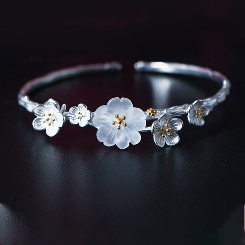 Buddha Stones 925 Sterling Silver Plum Flower Blessing Bracelet Adjustable Bangle - Plum Flower&Crystal - image 0