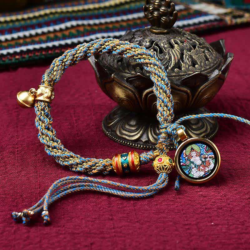 Buddha Stones Tibetan Handmade Luck Protection Thangka Prayer Wheel Bell Charm Braid String Bracelet - Blue&Thangka(Wrist Circumference 14-19cm) - image 20