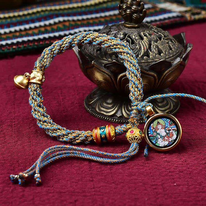 Buddha Stones Tibetan Handmade Luck Protection Thangka Prayer Wheel Bell Charm Braid String Bracelet - Blue&Thangka(Wrist Circumference 14-19cm) - image 20