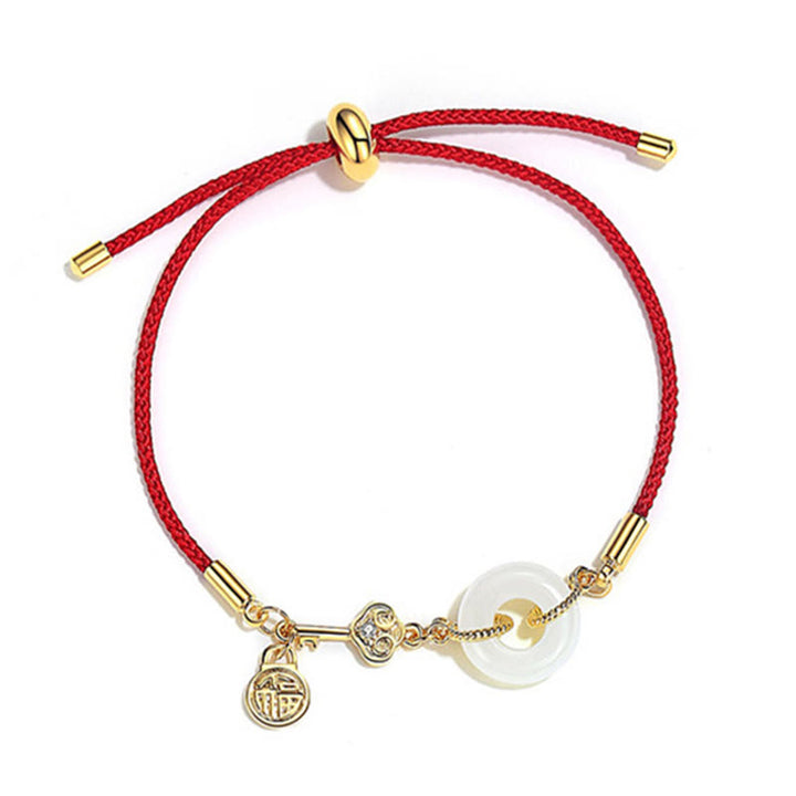 Buddha Stones 18K Gold Plated Hetian Jade Peace Buckle Fu Character Luck Red Rope Bracelet - image 13