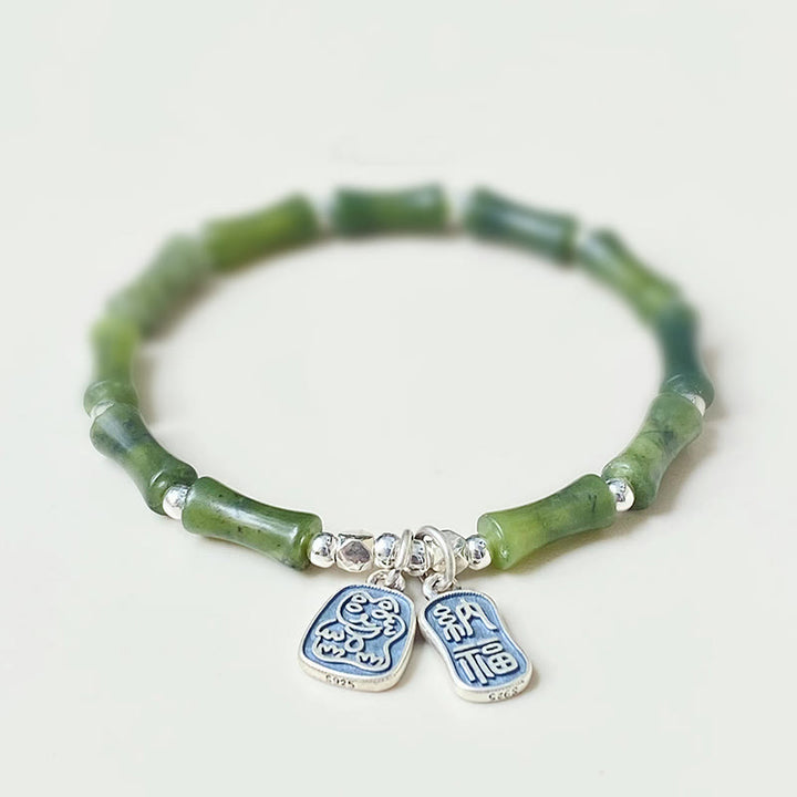Buddha Stones 925 Sterling Silver Bamboo Jade Lucky Cat Fu Character Luck Abundance Bracelet - 16cm - image 0