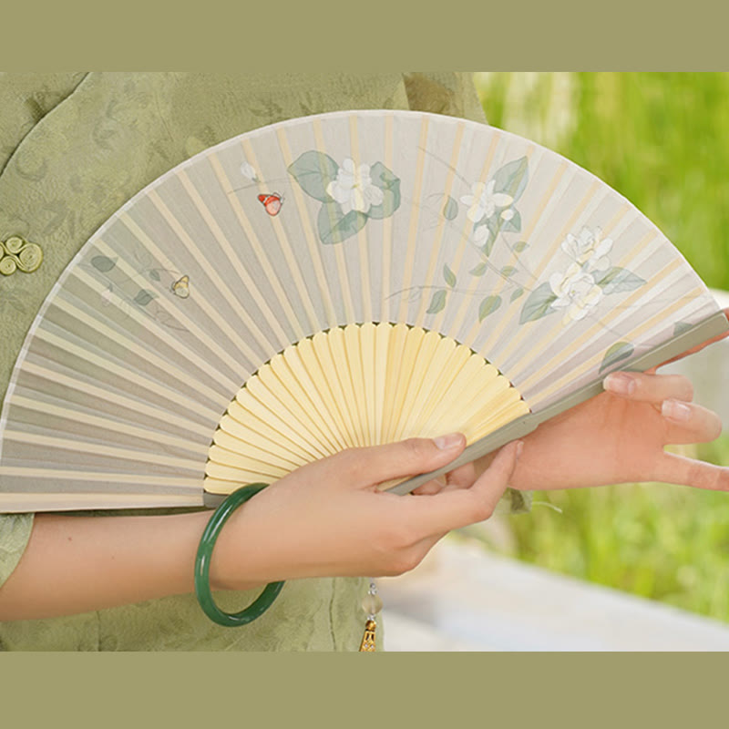 Buddha Stones Jasmine Flowers Handheld Bamboo Folding Fan - image 10