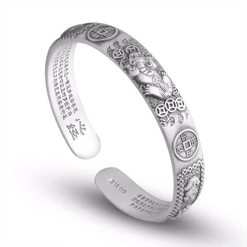 Buddha Stones Tibetan PiXiu Heart Sutra Coin White Copper Wealth Bracelet Adjustable Bangle - image 0