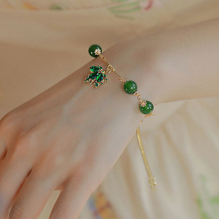 Buddha Stones 14k Gold Plated Green Chalcedony Maple Leaf Courage Strength Bracelet - image 6