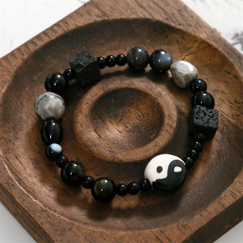 Buddha Stones Black Onyx Picasso Jasper Bead Yin Yang Fortune Protection Bracelet - image 13