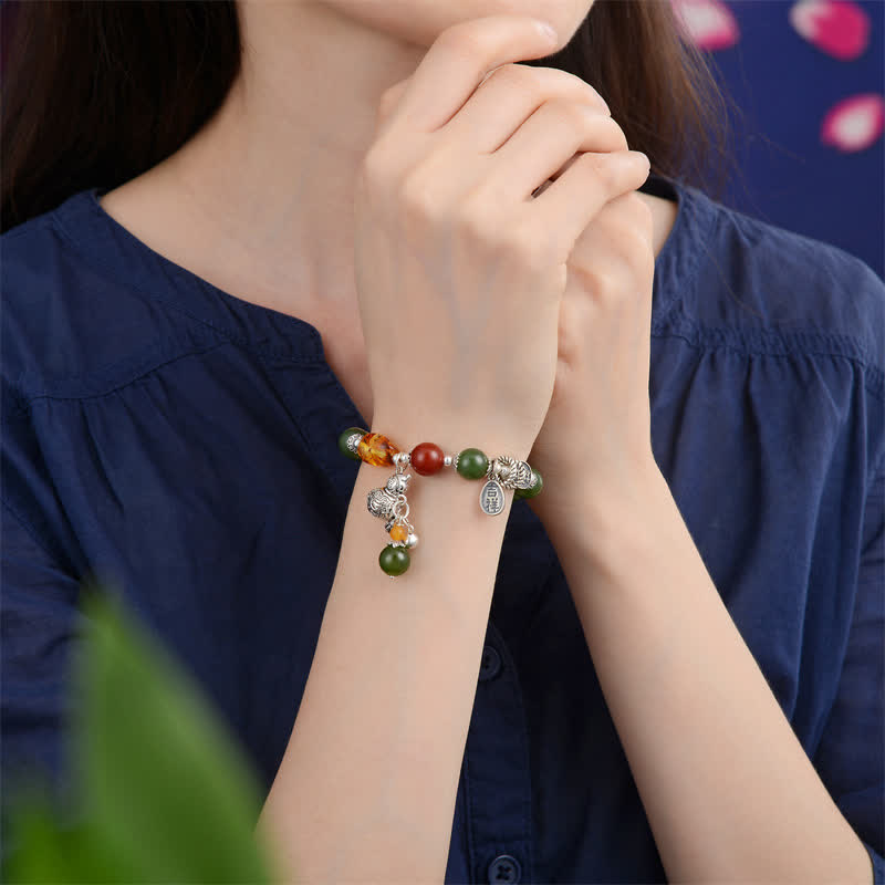 Buddha Stones 925 Sterling Silver Hetian Cyan Jade Gourd Amber Success Bracelet - image 2