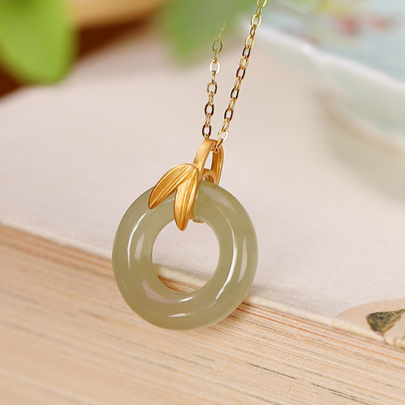 Buddha Stones 925 Sterling Silver Cyan Jade Peace Buckle Bamboo Leaf Harmony Necklace Pendant - image 8