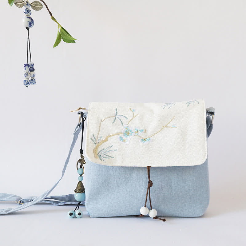 Buddha Stones Handmade Embroidered Plum Flowers Canvas Crossbody Bag Shoulder Bag Handbag - Light Blue Plum Bamboo 17*19cm - image 0