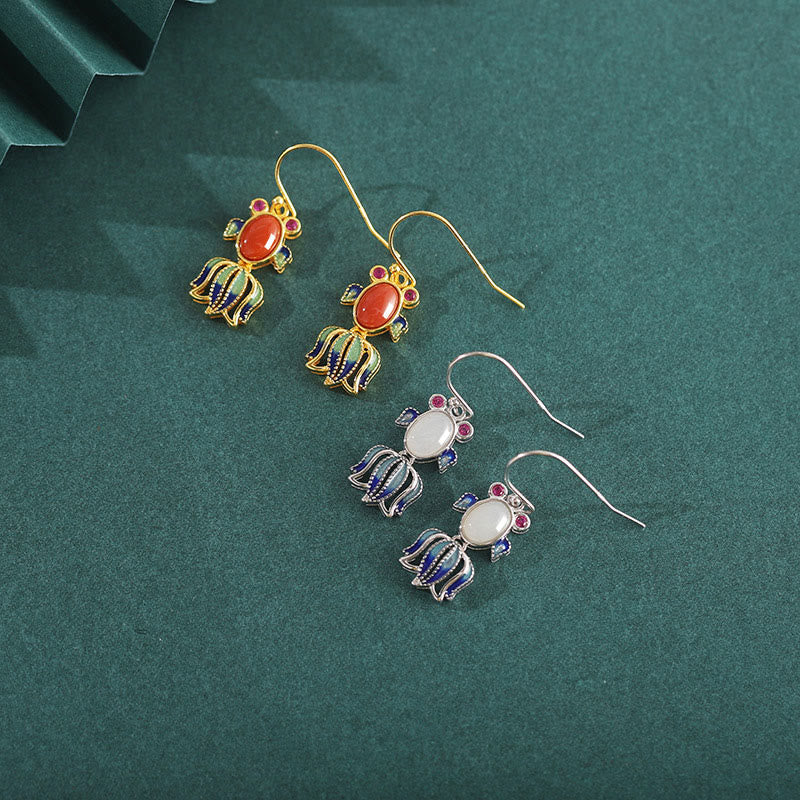 925 Sterling Silver Hetian White Jade Red Agate Cute Fish Happiness Drop Earrings - image 1
