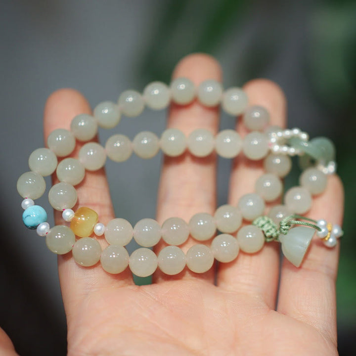 Buddha Stones 925 Sterling Silver Hetian Jade Double Peace Buckle Lotus Luck Double Wrap Bracelet - image 5