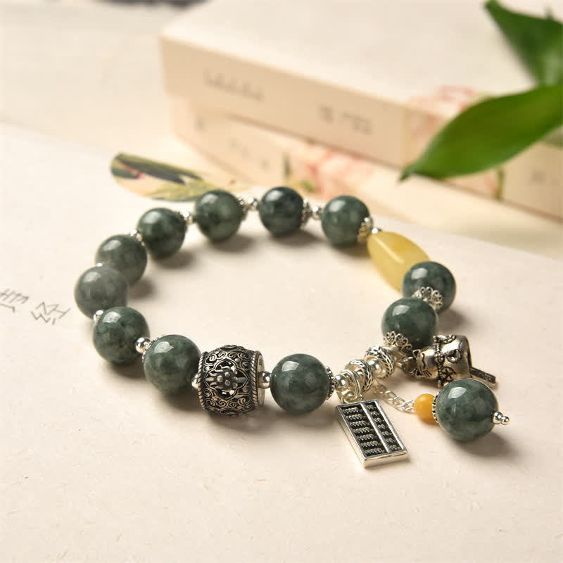 Buddha Stones 925 Sterling Silver Cyan Jade Amber Abacus Lucky Cat Success Bracelet - image 1
