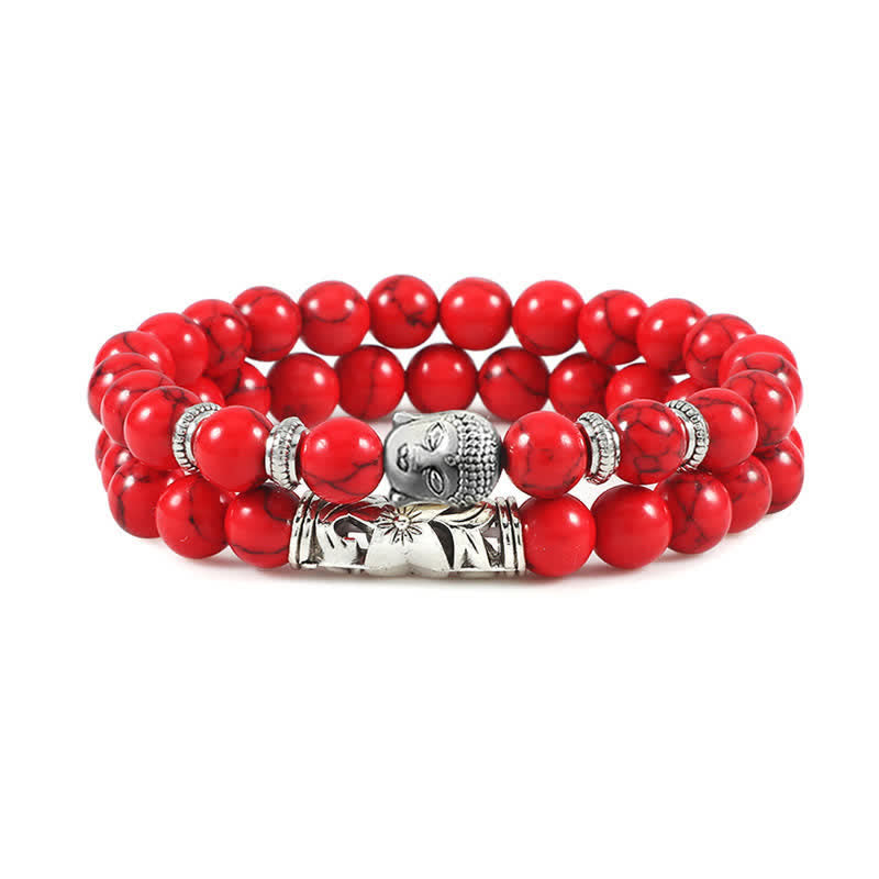 Buddha Stones 2Pcs Natural Crystal Agate Buddha Protection Bracelet - Red Turquoise - image 20