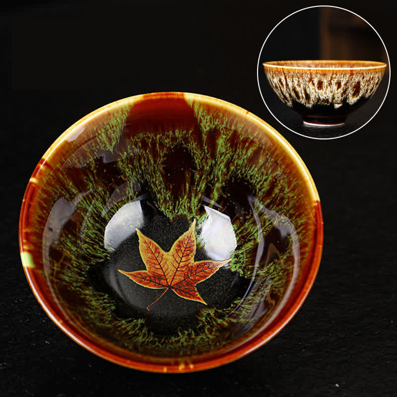 Buddha Stones Maple Leaf Colorful Ceramic Teacup Home Tea Cups - 9.5cm*4.5cm*110ml - Green - image 11