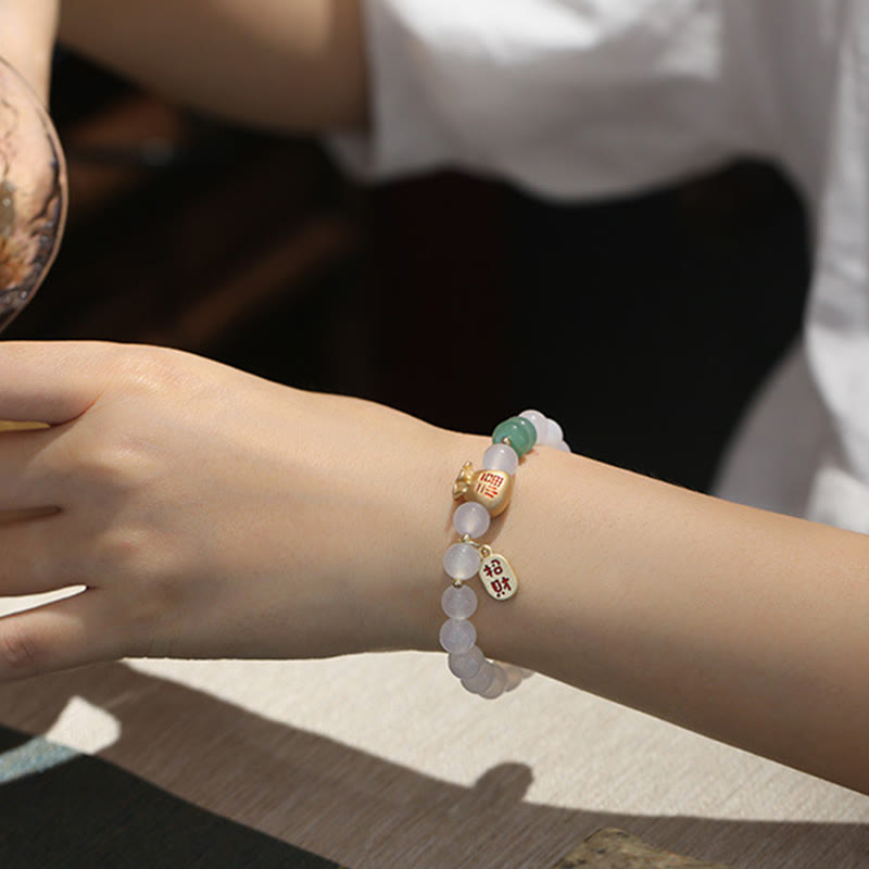 Buddha Stones Natural White Agate Red Agate Money Bag Fu Character Four Leaf Clover Protection Bracelet - image 5