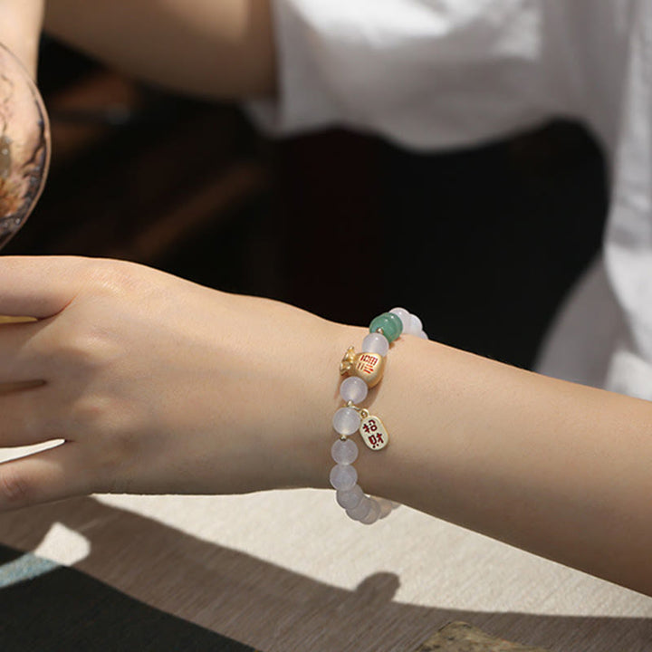 Buddha Stones Natural White Agate Red Agate Money Bag Fu Character Four Leaf Clover Protection Bracelet - image 5