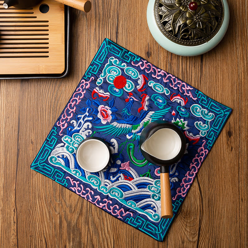 Buddha Stones Phoenix Dragon Kirin Embroidery Cup Mat Pad Tea Cup Coaster Kung Fu Tea Mat - image 1