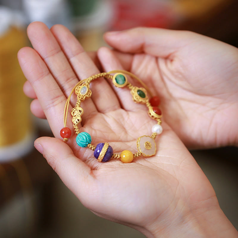 Buddha Stones 925 Sterling Silver Natural Hetian Jade Amber Red Agate Crystals Luck Bracelet - Hetian White Jade&Amethyst&Turquoise - image 0
