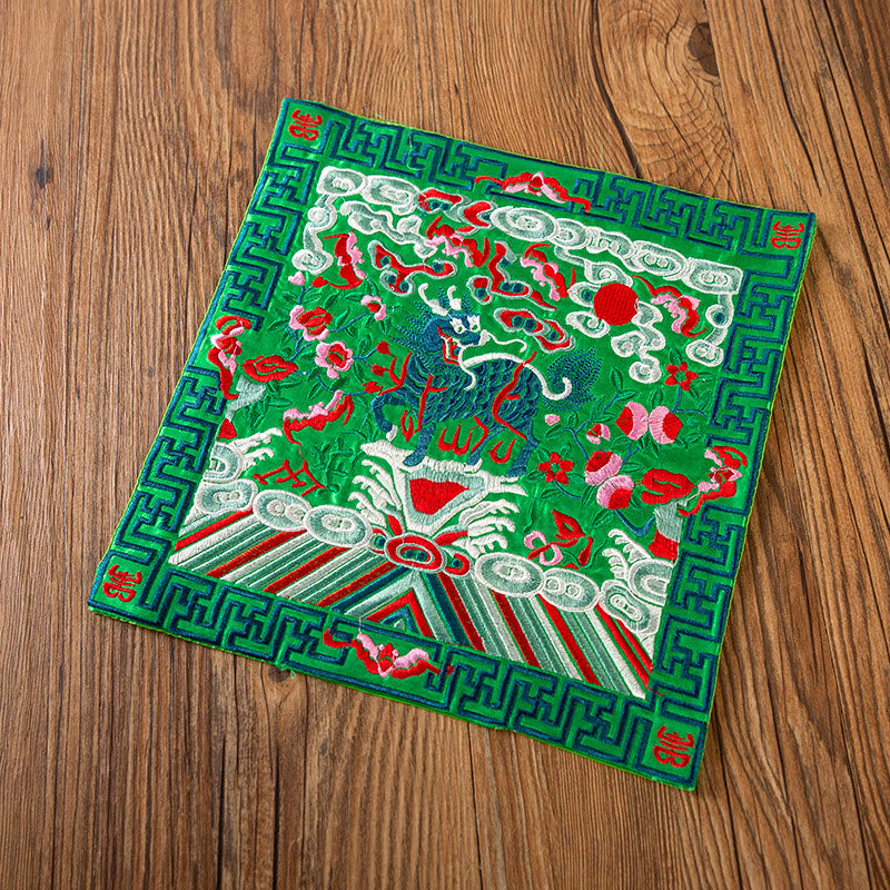Buddha Stones Phoenix Dragon Kirin Embroidery Cup Mat Pad Tea Cup Coaster Kung Fu Tea Mat - Green Kirin - image 31