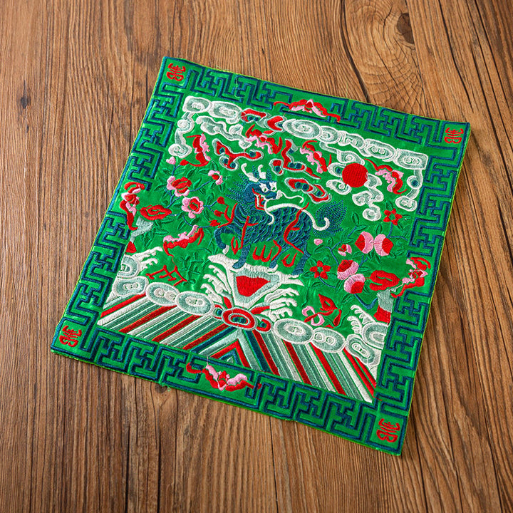 Buddha Stones Phoenix Dragon Kirin Embroidery Cup Mat Pad Tea Cup Coaster Kung Fu Tea Mat - Green Kirin - image 31