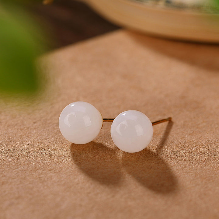Buddha Stones 925 Sterling Silver Round White Jade Blessing Stud Earrings - 10mm - image 8
