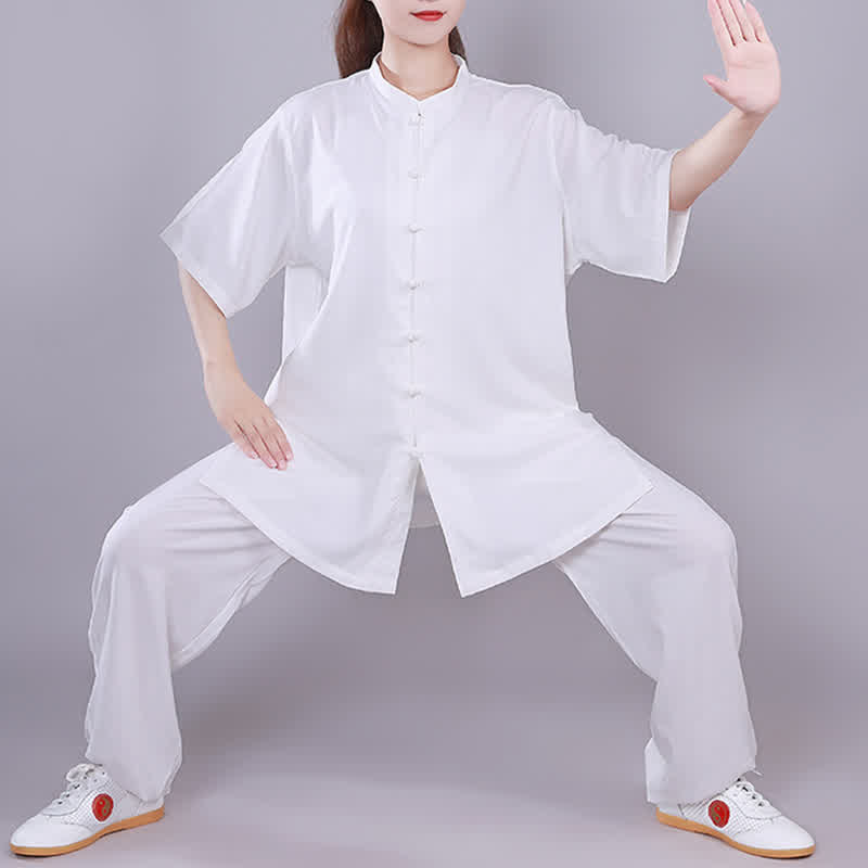 Buddha Stones Tai Chi Qigong Meditation Prayer Spiritual Zen Practice Unisex Cotton Linen Clothing Set - White - Short Sleeve - US14，UK/AU18，EU46 (3XL)  - image 0