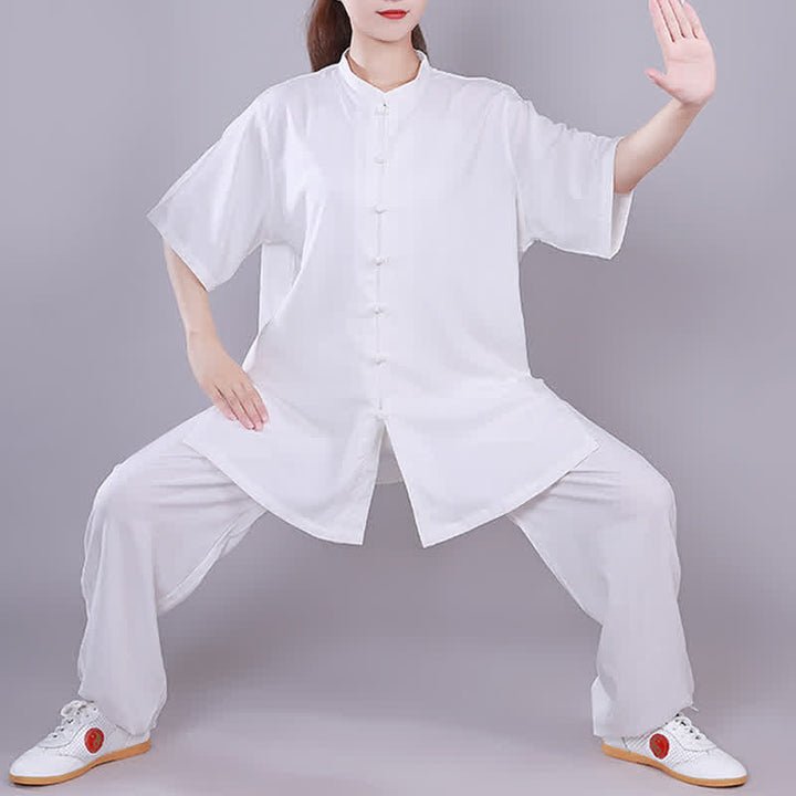 Buddha Stones Tai Chi Qigong Meditation Prayer Spiritual Zen Practice Unisex Cotton Linen Clothing Set - White - Short Sleeve - US14，UK/AU18，EU46 (3XL)  - image 0