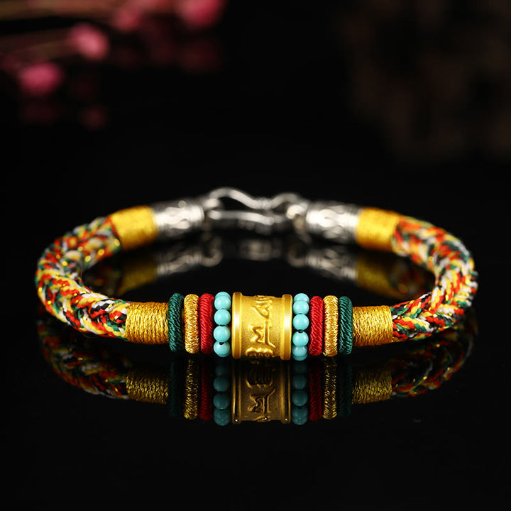 Buddha Stones Tibet 999 Gold Om Mani Padme Hum Handmade Eight Thread Peace Knot Luck Bracelet - Turquoise Silver Buckle Multicolored Rope - 19cm - image 7