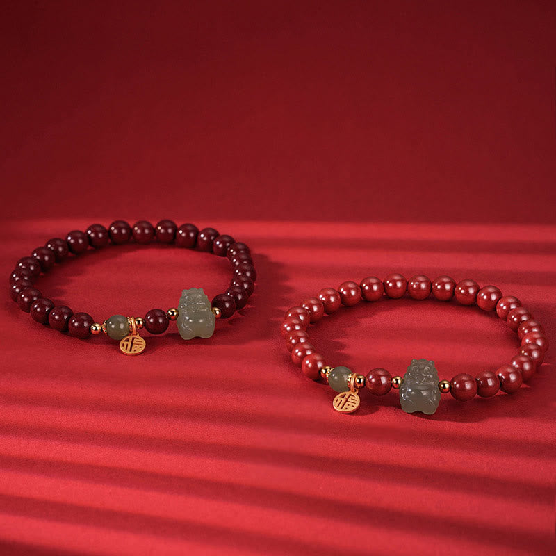 Buddha Stones 925 Sterling Silver Year of the Dragon Natural Cinnabar Hetian Jade Dragon Fu Character Ruyi As One Wishes Charm Blessing Bracelet - image 8