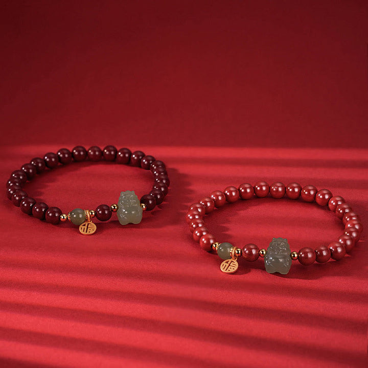 Buddha Stones 925 Sterling Silver Year of the Dragon Natural Cinnabar Hetian Jade Dragon Fu Character Ruyi As One Wishes Charm Blessing Bracelet - image 8